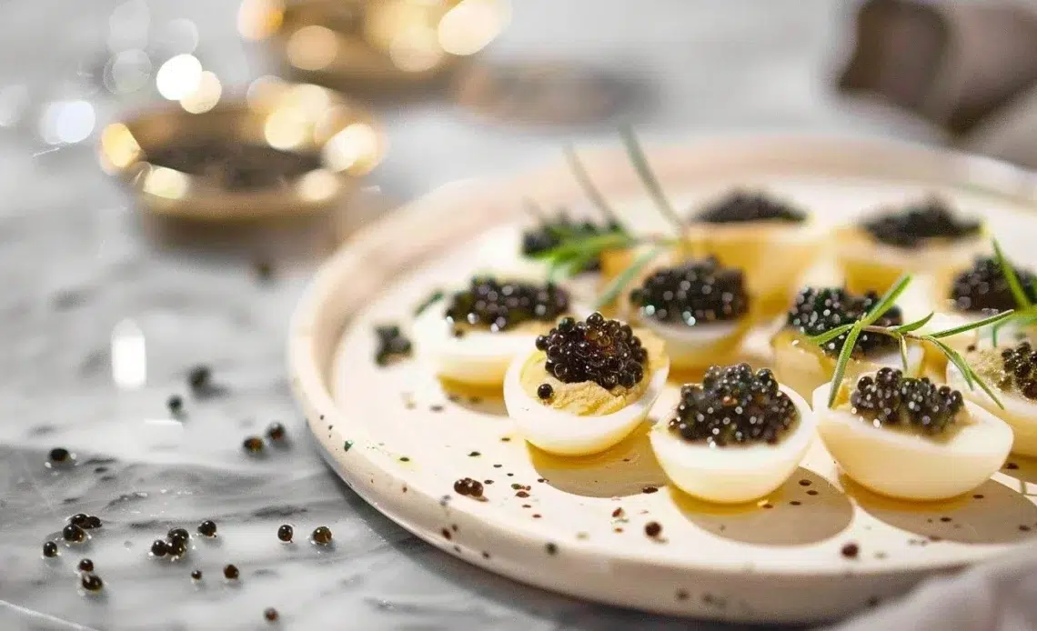 Oeufs de cailles garnis de caviar pour une présentation élégante.