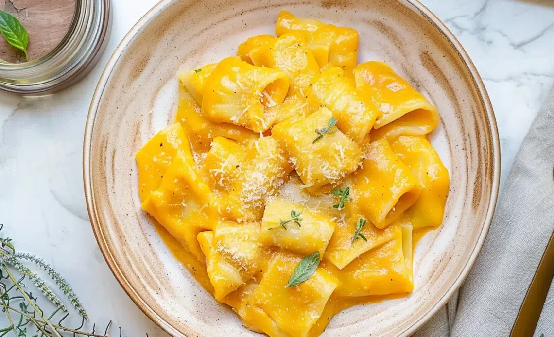Paccheri avec sauce crémeuse à la citrouille fraîchement préparée