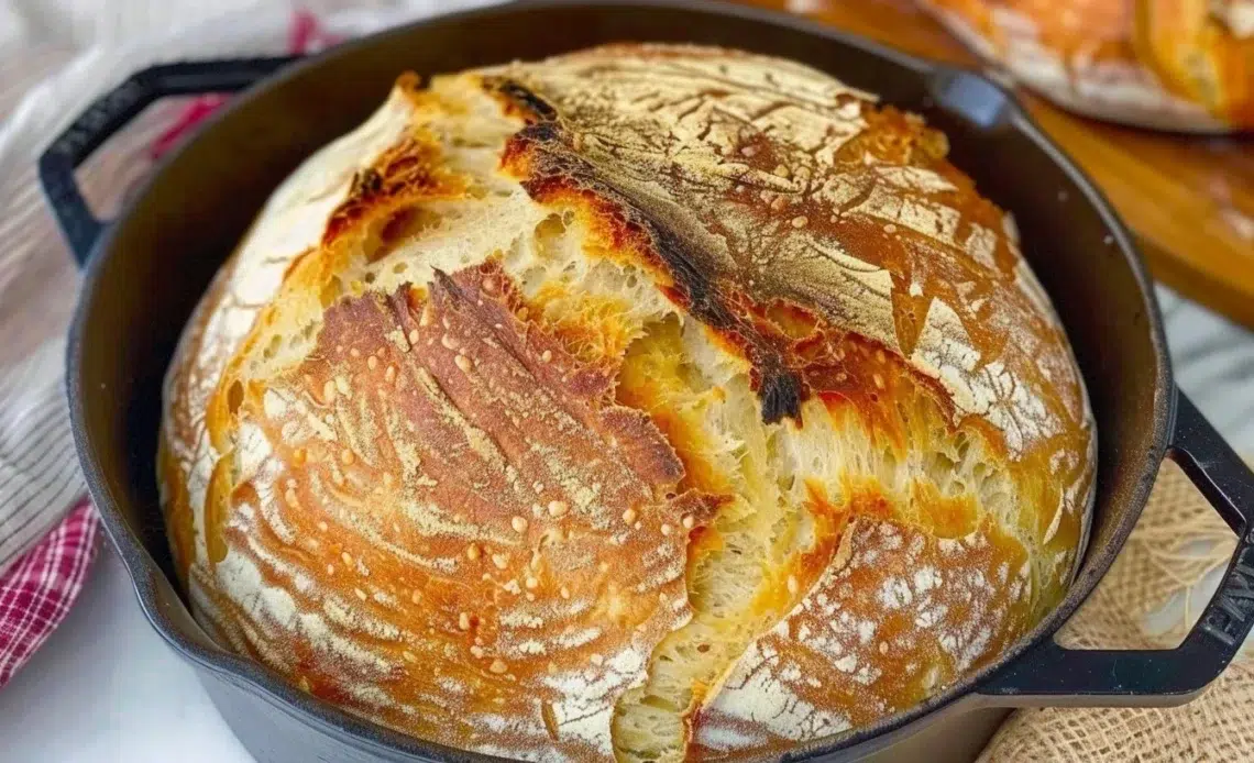 Pain sans pétrissage cuit en cocotte, croustillant à l'extérieur et moelleux à l'intérieur.