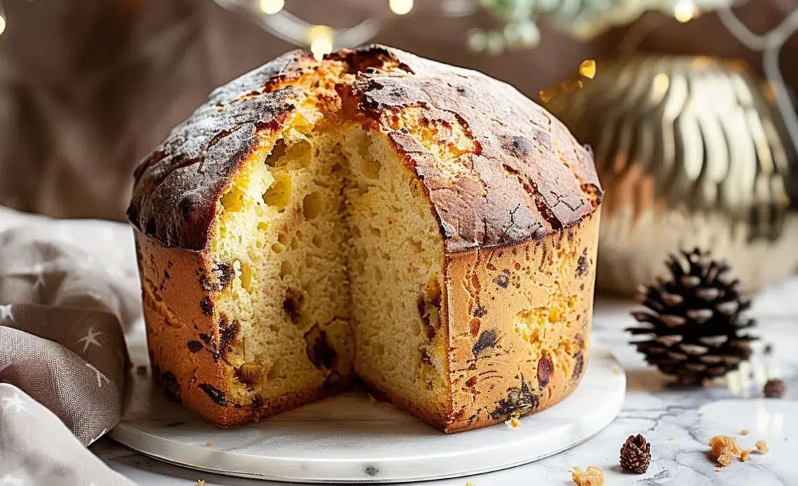 Panettone traditionnel italien décoré de fruits secs et d'agrumes.