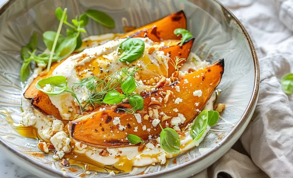 Patate douce rôtie avec miel et stracciatella dans une assiette décorative