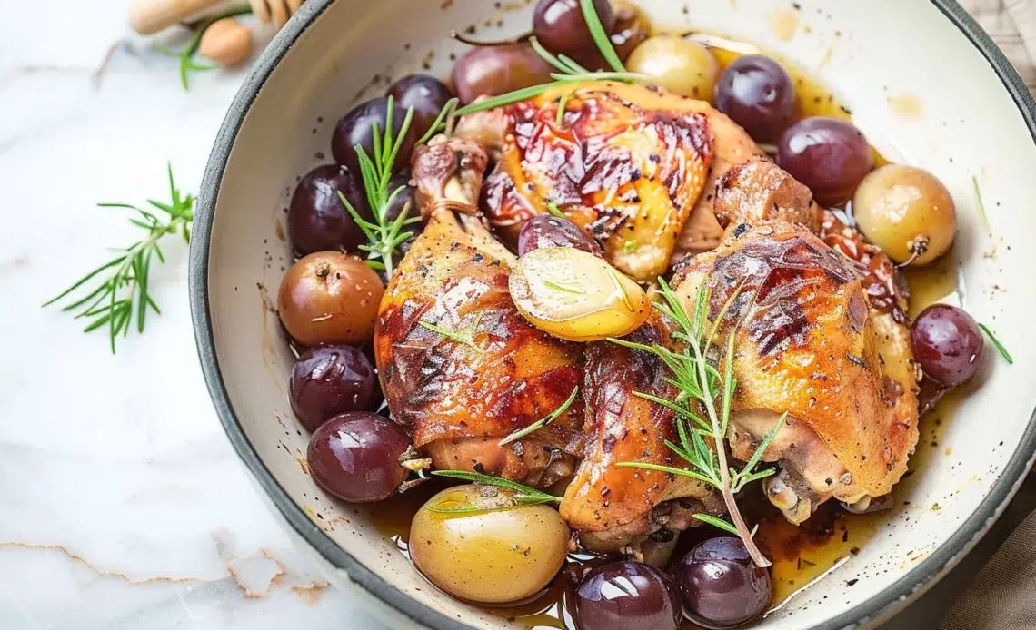 Recette de poulet au vin rouge avec raisins et miel, plat savoureux