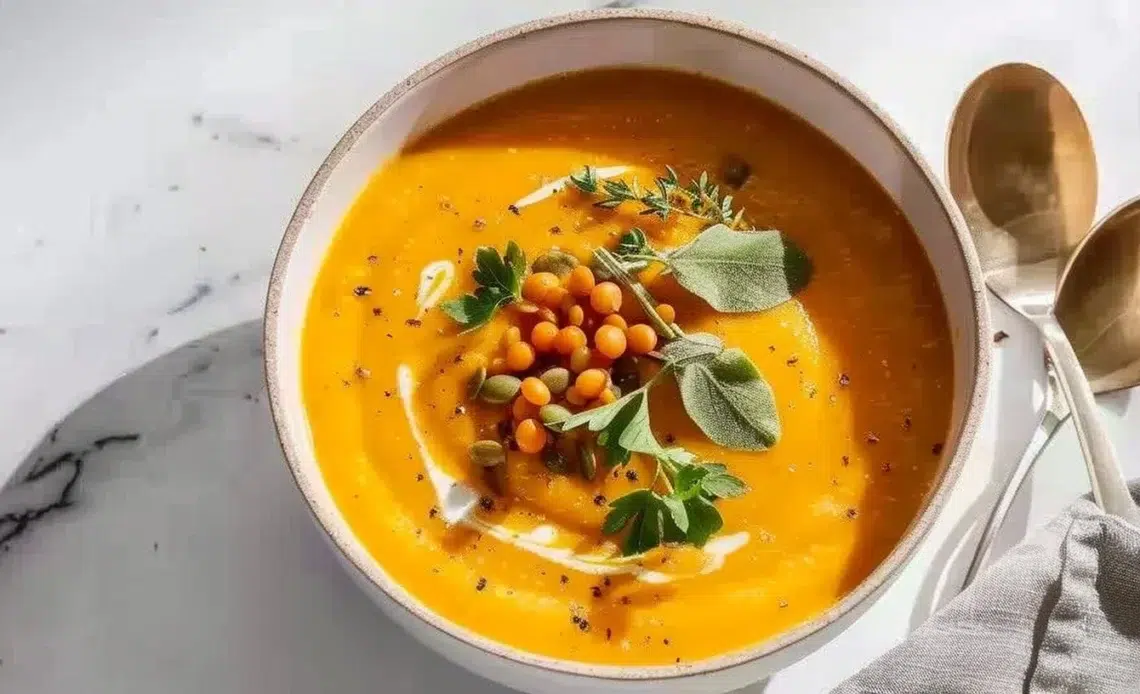 Soupe de potiron et lentilles corail 1 Soupe de potiron et lentilles rouges servie dans un bol chaleureux