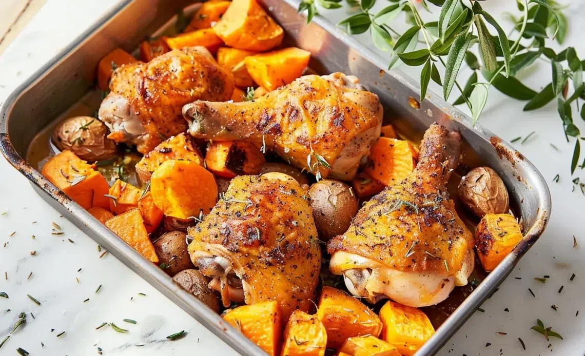 Cuisses de poulet rôti servies avec des patates douces au four