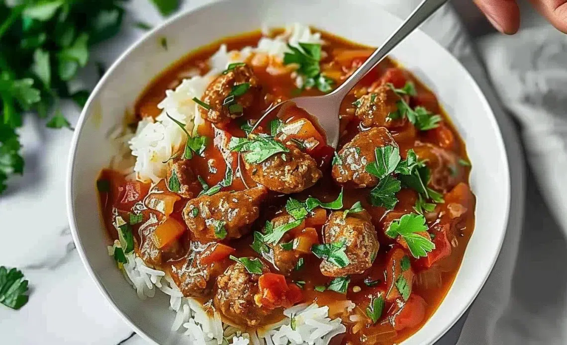 Rougail Saucisse Léger 1 Plat de Rougail Saucisse Léger avec saucisse créole et riz garnis de légumes.