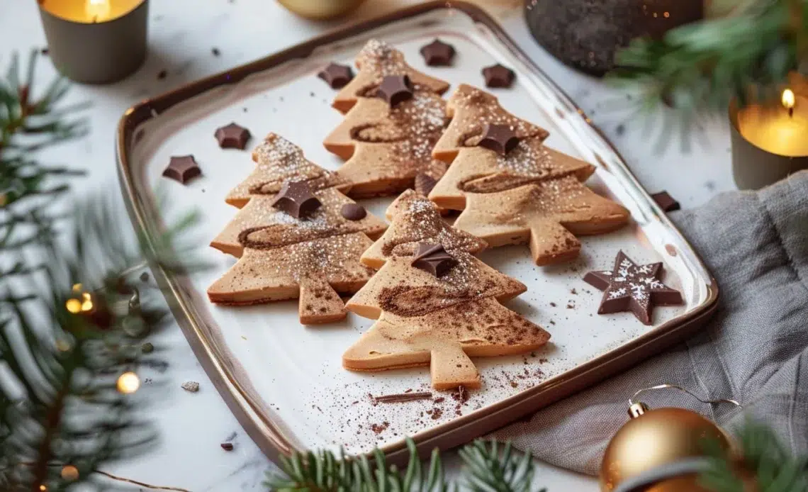 Sablés Sapin aux 3 chocolats sur une assiette décorative.