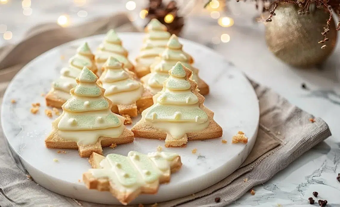 Sablés Sapin de Noël au chocolat blanc 1 Sablés sapin de Noël au chocolat blanc sur une assiette décorée