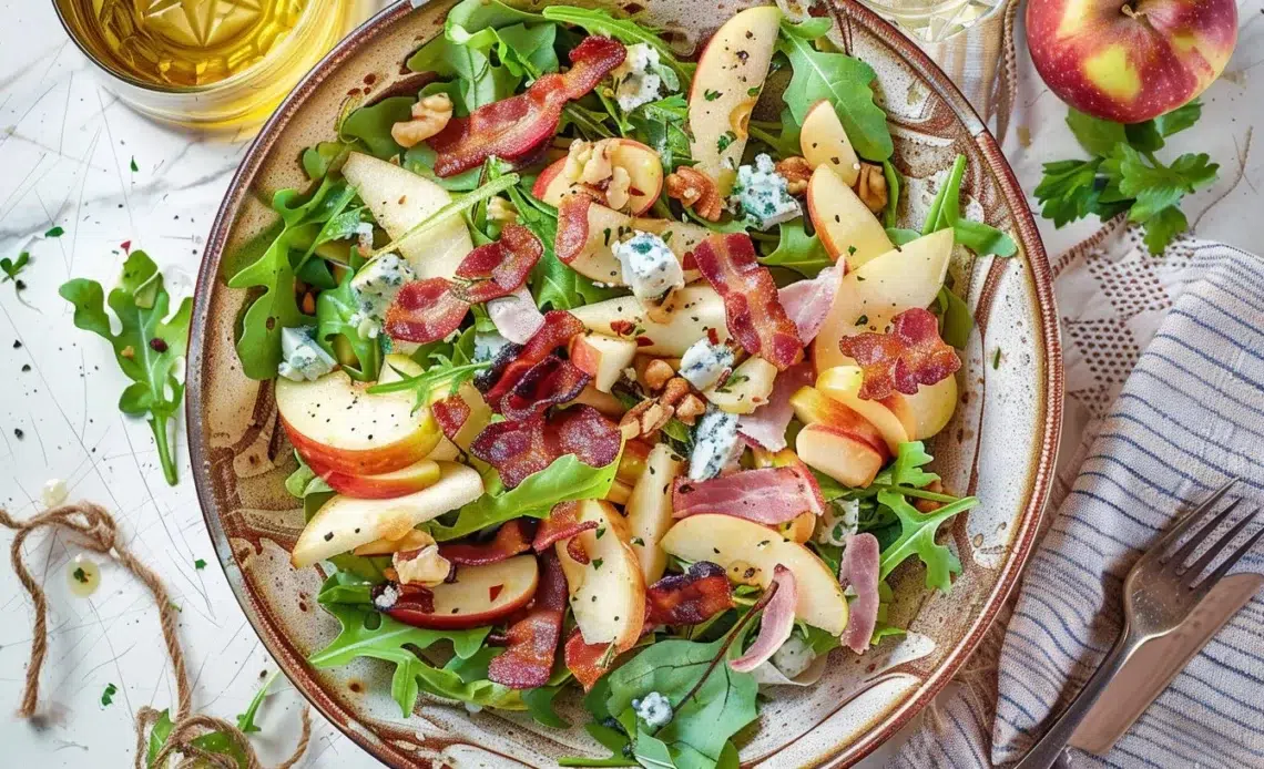 Salade d'Automne au Fromage Bleu, Lardons et Pommes 1 Salade d'automne avec fromage bleu, lardons et pommes dans un bol.