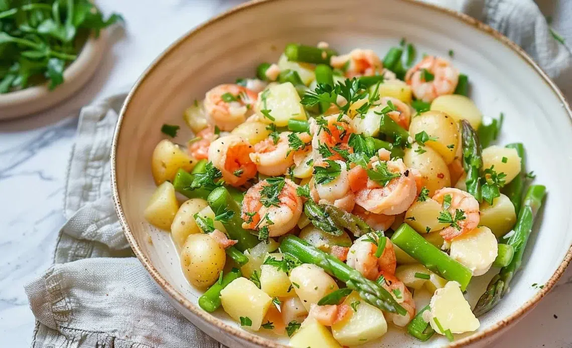 Salade de pommes de terre, asperges vertes et crevettes 1 Salade de pommes de terre avec asperges vertes et crevettes juteuses