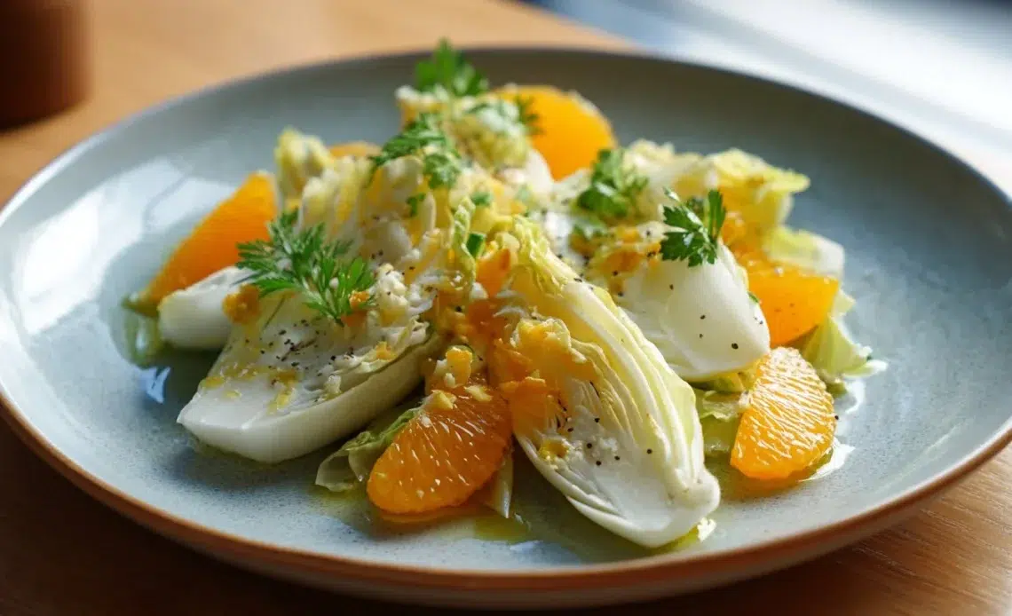 Salade d'endives avec persimon et mandarine 1 Salade d'endives avec persimon et mandarine sur une assiette colorée