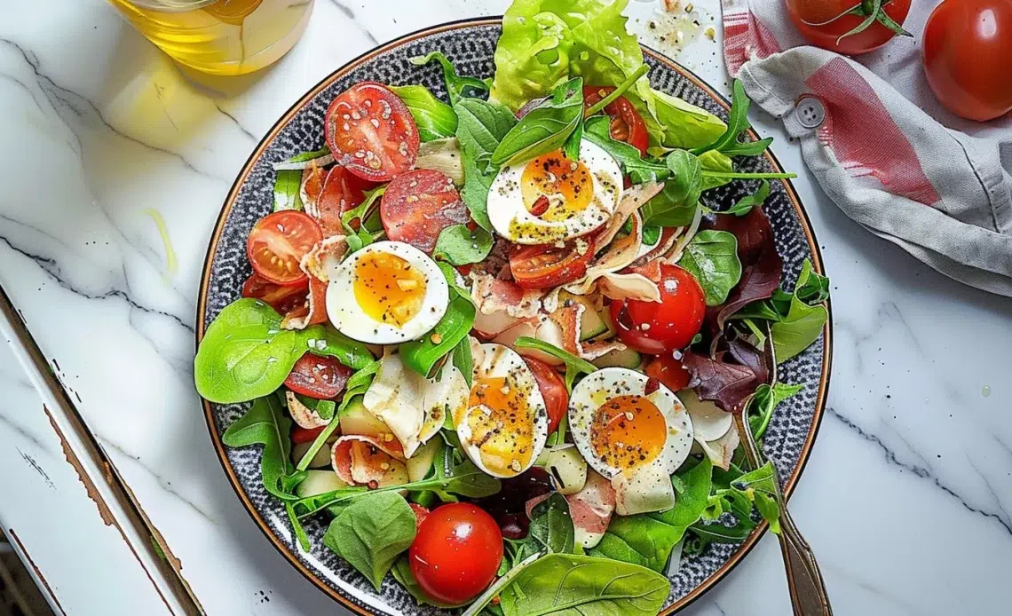 Salade Niçoise traditionnelle avec tomates, thon, légumes et olives