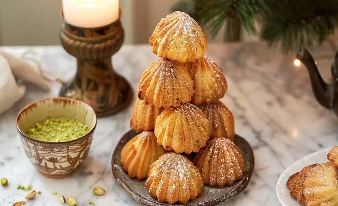 Sapin de Noël en madeleines au thé matcha et pistache, une délicieuse création festive.