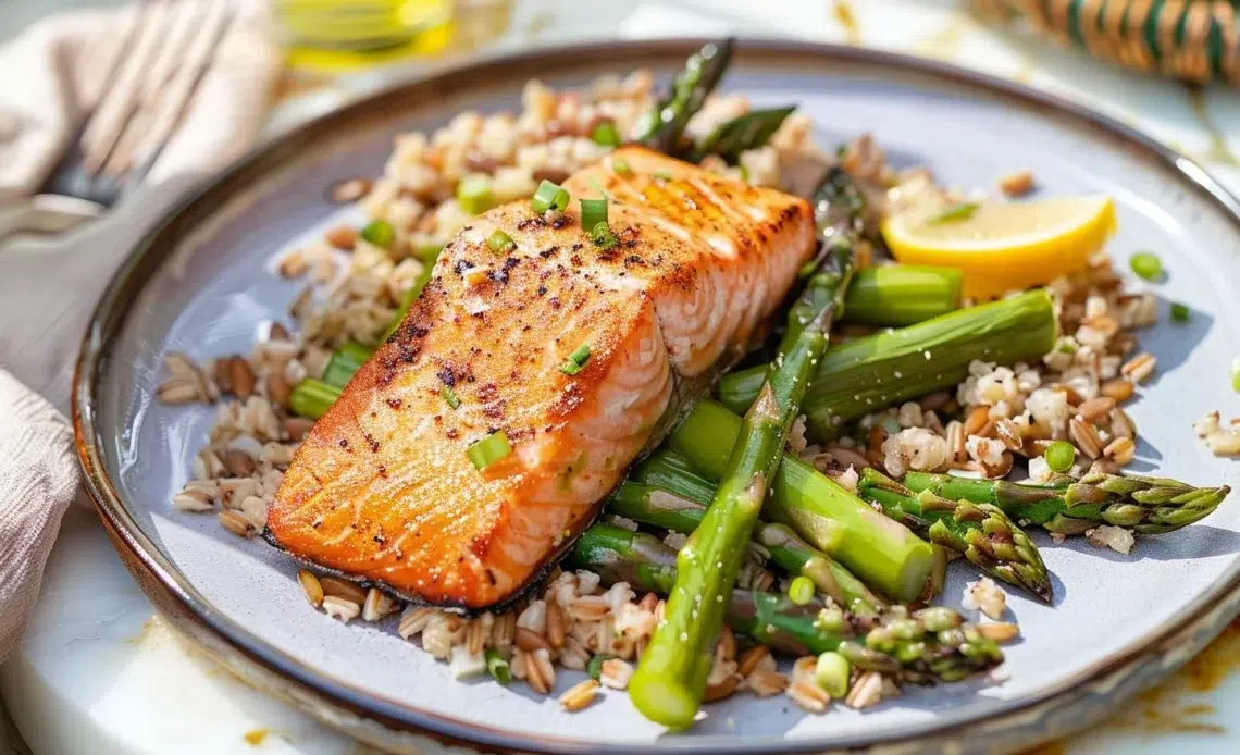 Saumon cuit avec des asperges dans un Airfryer, plat savoureux et sain.