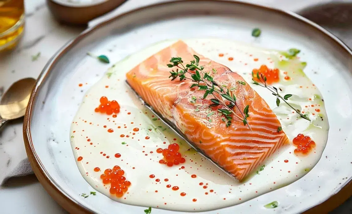 Saumon délicatement servi avec sauce au beurre et œufs de truite.
