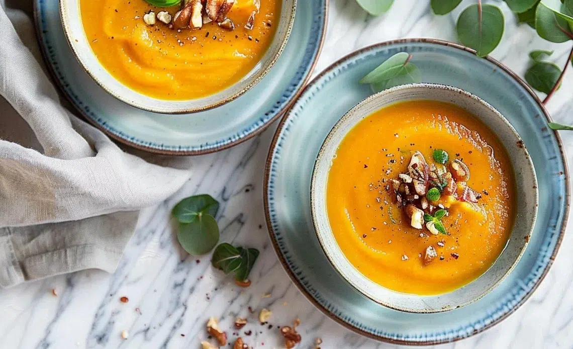 Soupe de carottes épicées 1 Soupe de carottes épicées servie dans un bol garnie de coriandre fraîche