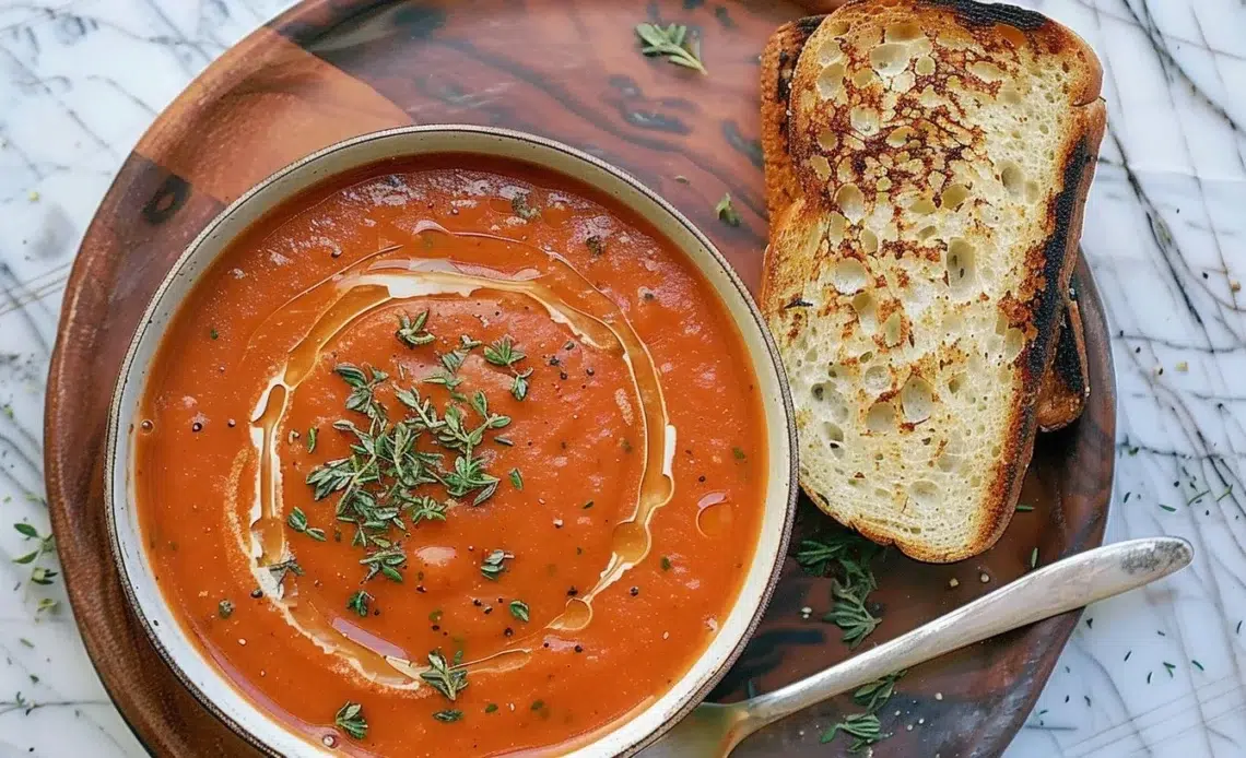 Soupe de tomates rôties et toast au fromage grillé 1 Soupe de tomates rôties servie avec du toast au fromage grillé, un plat réconfortant.