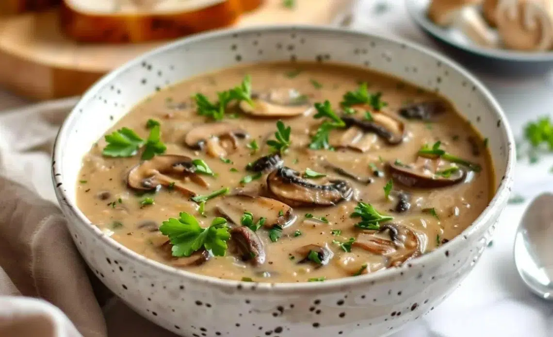 Soupe hongroise aux champignons garnie de fines herbes sur une table.