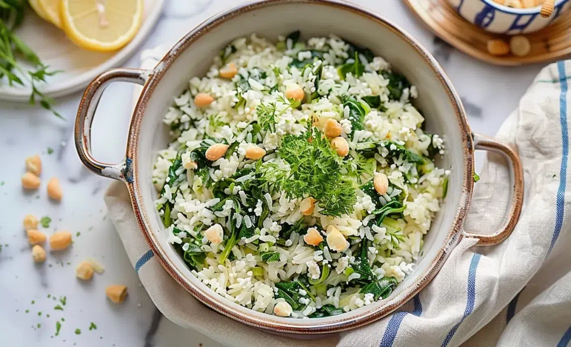 Plat de Spanakorizo, riz aux épinards à la grecque, servi dans une assiette.
