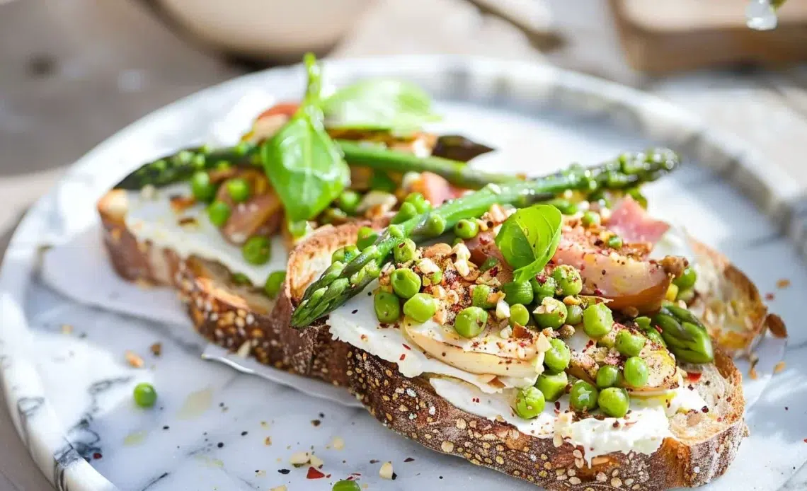 Tartine de Printemps avec Asperges garnie de légumes frais et fromage