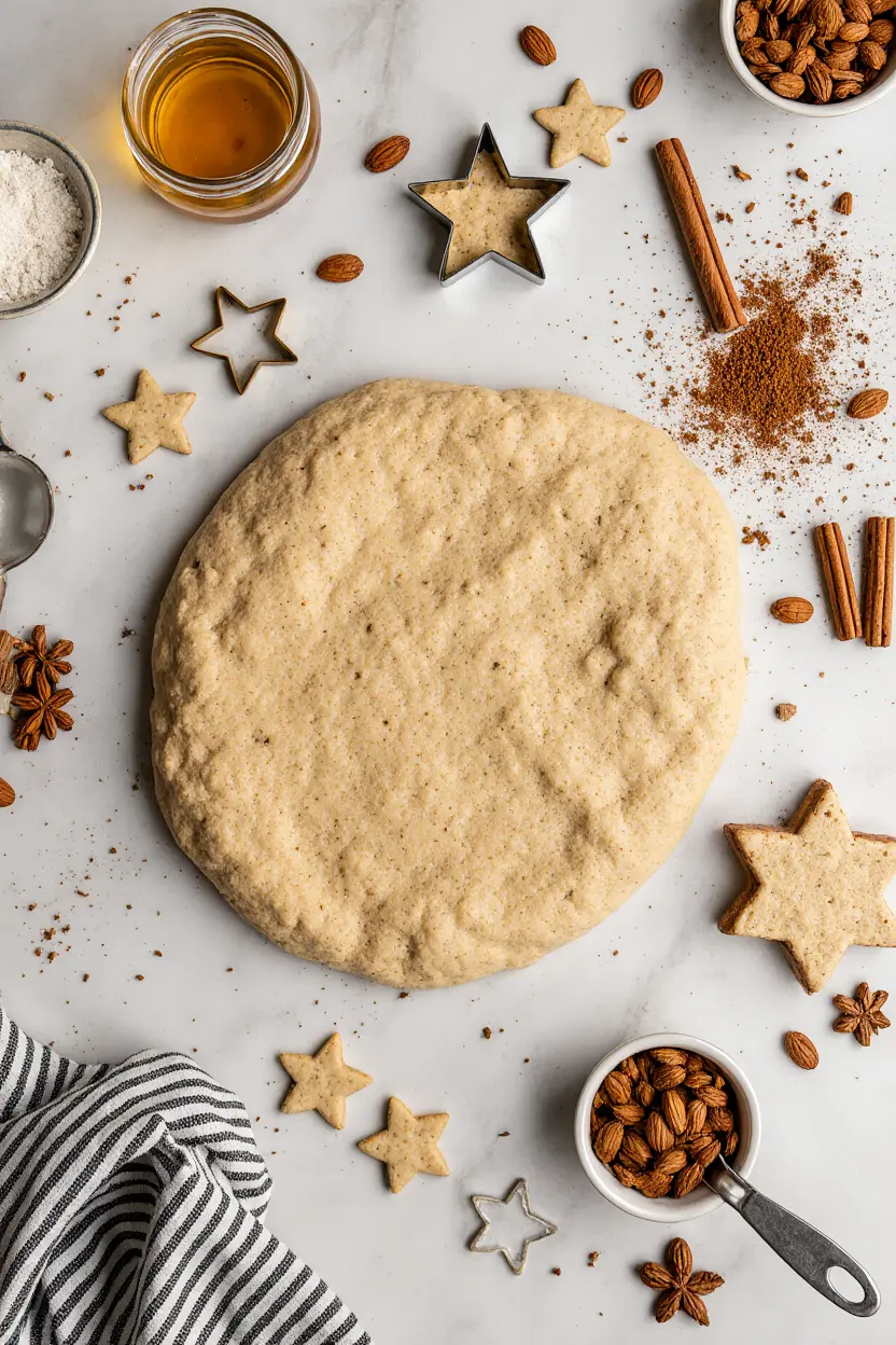 Pâte à biscuits sans gluten roulée sur un plan de travail en marbre blanc avec des emporte-pièces et des épices de Noël