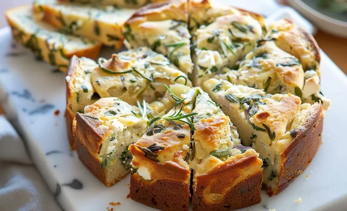 Gâteau d’Ail Sauvage et Feta : le Cake Salé Parfait pour Apéritif, Brunch ou Pique‑Nique 1 Gâteau à l'ail des ours et feta, servie avec une garniture verte, sur une assiette blanche.