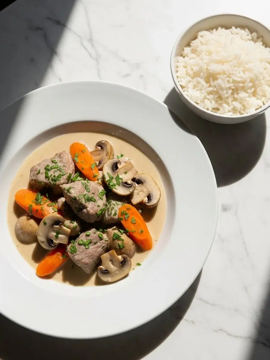 Assiette de Blanquette de Veau avec sauce blanche crémeuse, morceaux de veau, carottes et champignons, servie avec un bol de riz sur une table en marbre blanc.