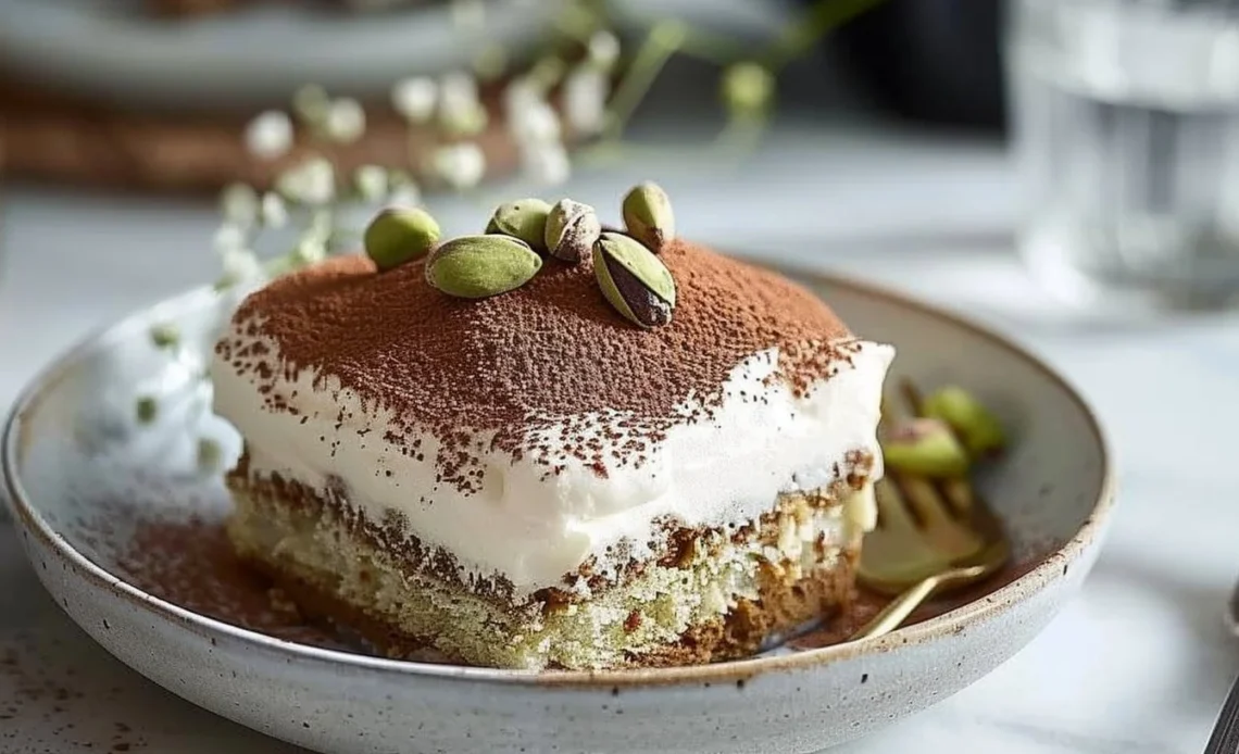 Tiramisu Pistache Céleste : Un Dessert Italien Revisité et Luxueux 1 Celestial Pistachio Tiramisu dessert with layers of cream and pistachios