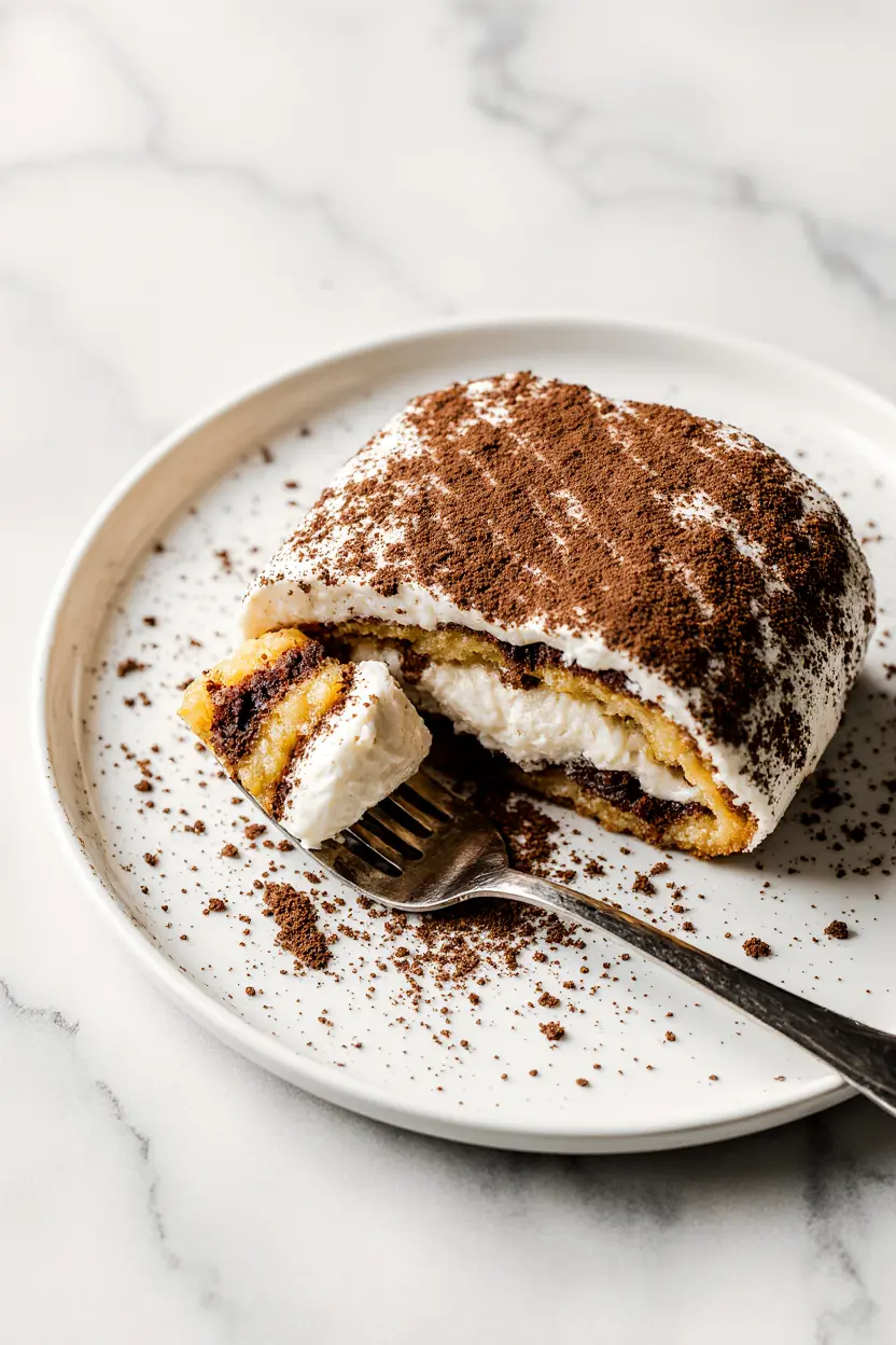 Gros plan d’une tranche de bûche de tiramisu montrant les couches de biscuits imbibés de café et de crème mascarpone, avec cacao en poudre sur le dessus, posée sur une assiette blanche sur fond marbre blanc.