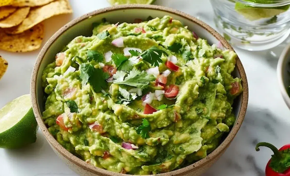 Bol de guacamole mexicain fait maison avec des avocats, tomates et épices