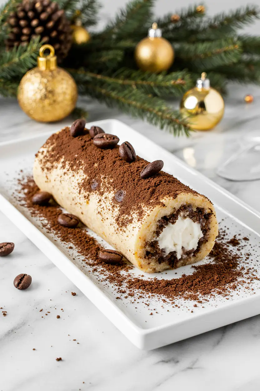 Bûche de tiramisu de Noël roulée, recouverte de crème mascarpone et poudrée de cacao, présentée sur un plat blanc sur un fond en marbre blanc avec quelques décorations de Noël.