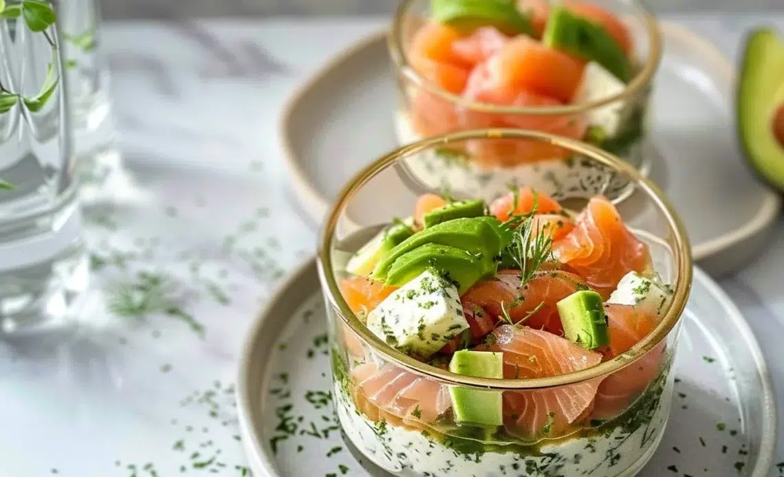 Verrine avocat saumon fromage frais 1 Verrine avocat saumon avec fromage frais, une entrée appétissante et raffinée.