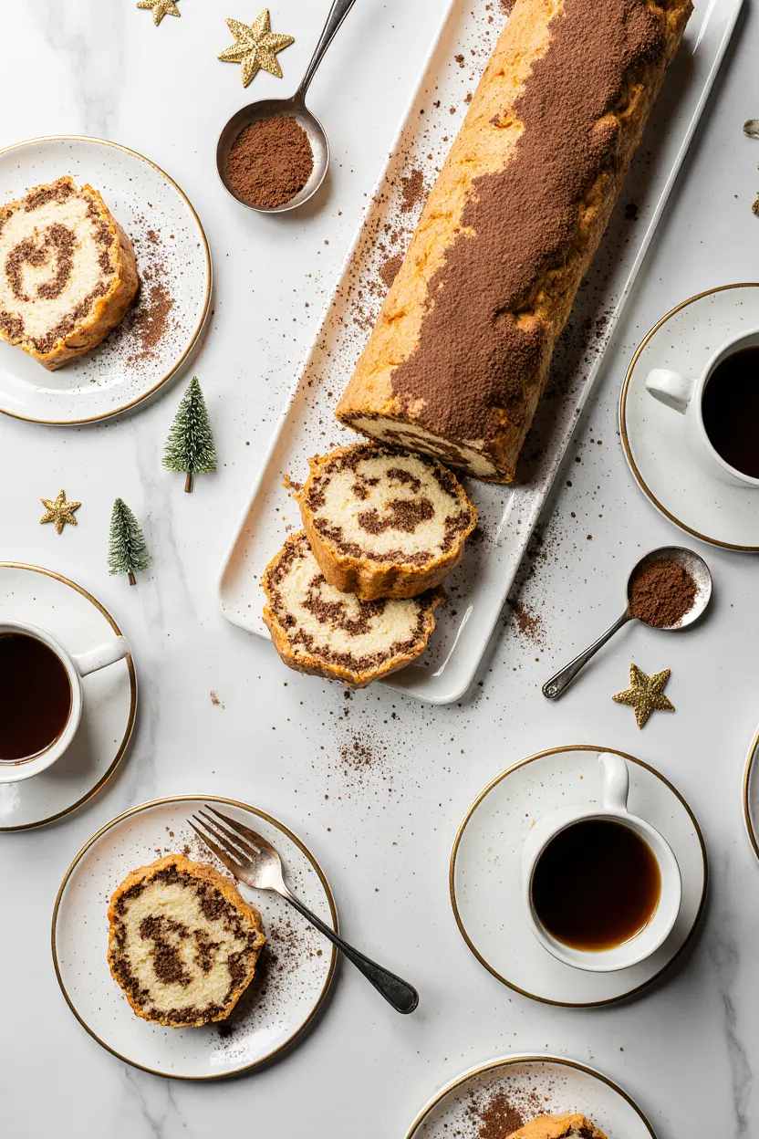 Vue du dessus d’une table de fête avec une bûche de tiramisu tranchée, des assiettes blanches garnies de parts, des tasses de café expresso et un fond en marbre blanc décoré de petites touches de Noël.