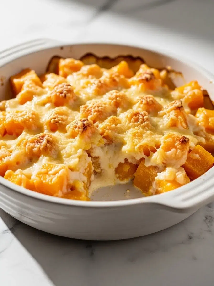 Gratin de courge butternut crémeux au fromage gratiné, servi chaud sur un fond en marbre blanc