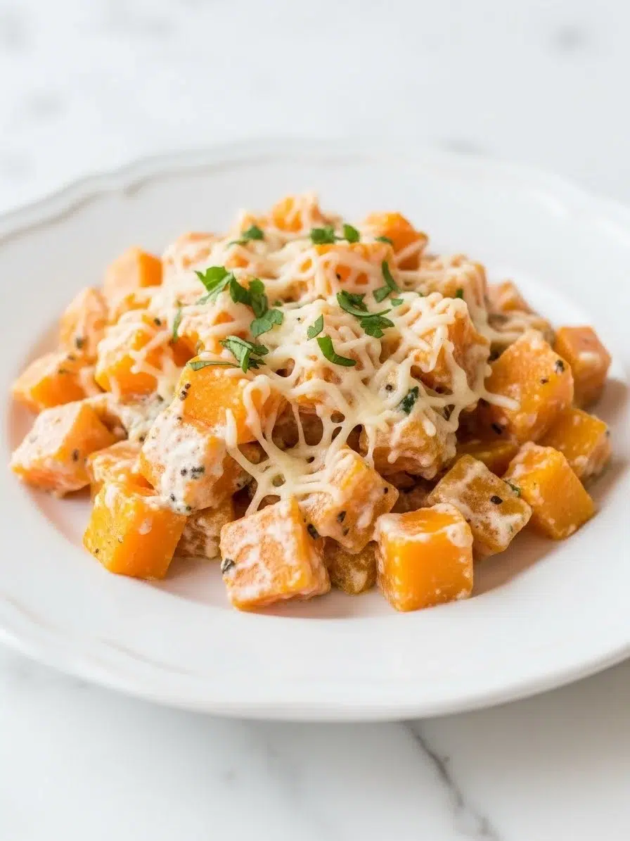 Portion de gratin de courge butternut crémeux avec fromage fondu et croûte dorée