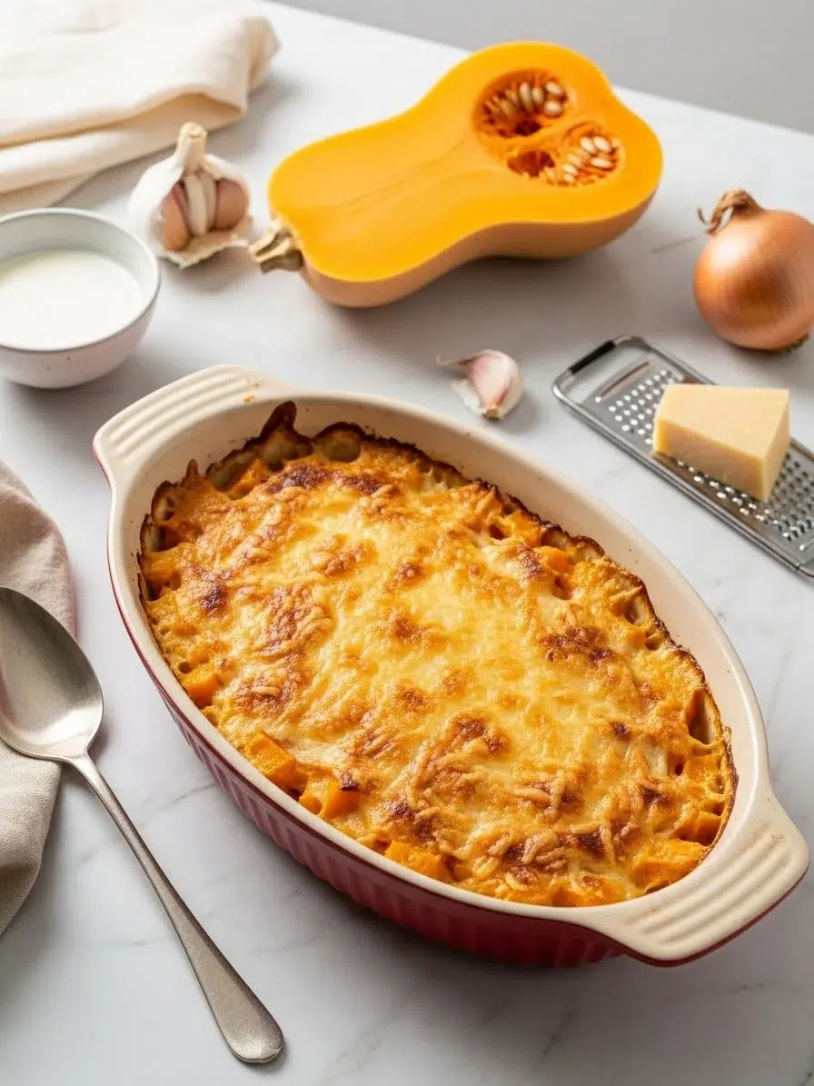 Gratin de courge butternut au four avec crème et fromage gratiné
