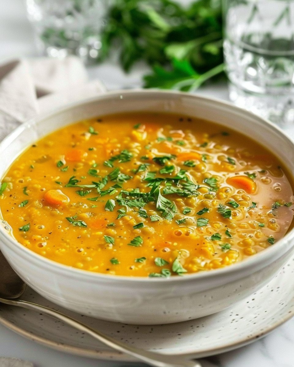 Soupe de lentilles corail, carottes et poireaux