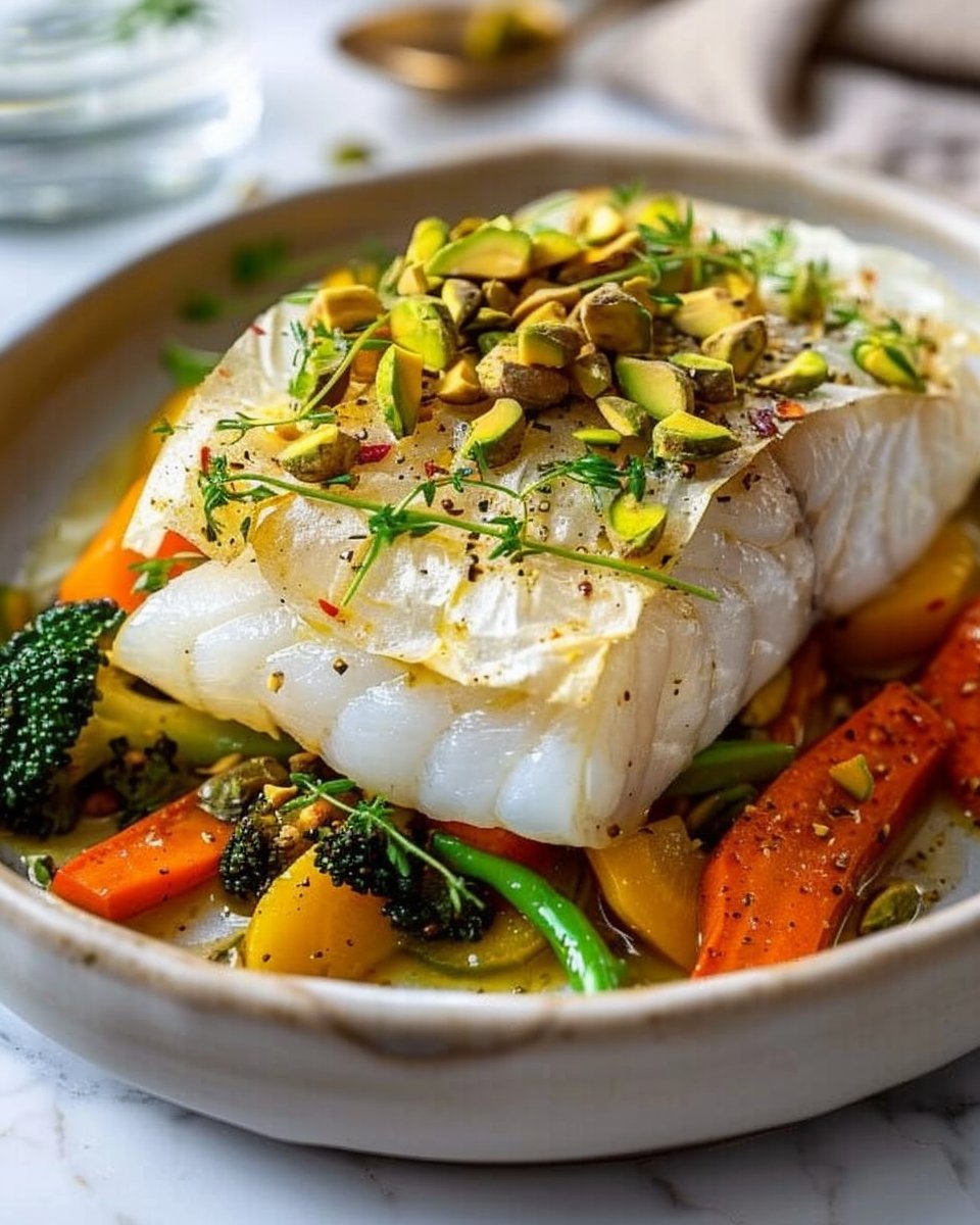 Dos de cabillaud en papillote aux pistaches et légumes vapeur