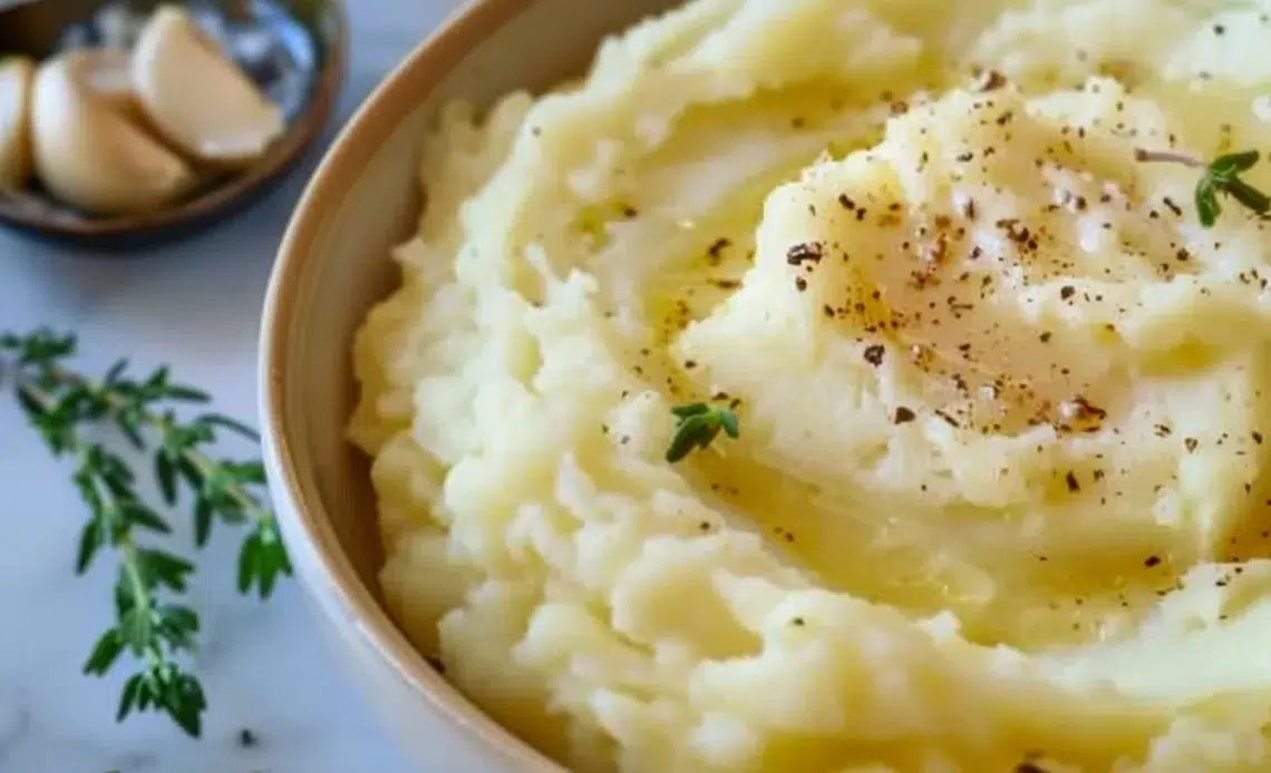 Purée de pommes de terre classique crémeuse servie dans un bol.