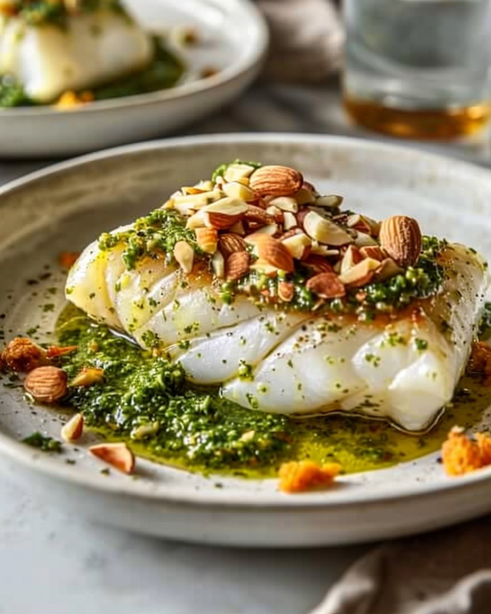 Soleil de dos de cabillaud au pesto et amandes croquantes