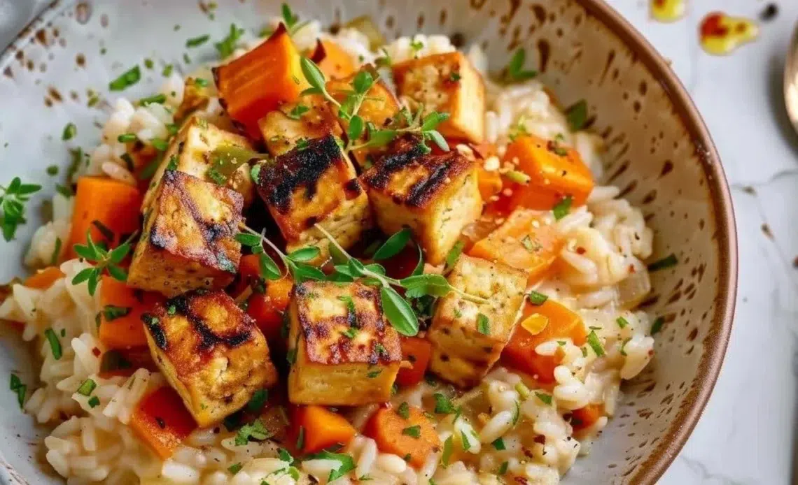 Risotto aux légumes et tofu fumé grillé, plat végétarien savoureux et coloré