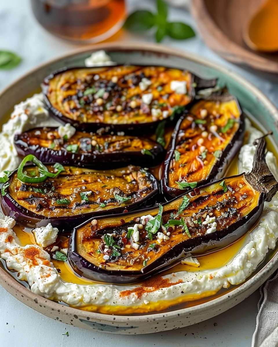 Aubergines grillées, crème de feta et huile à l'harissa irrésistibles