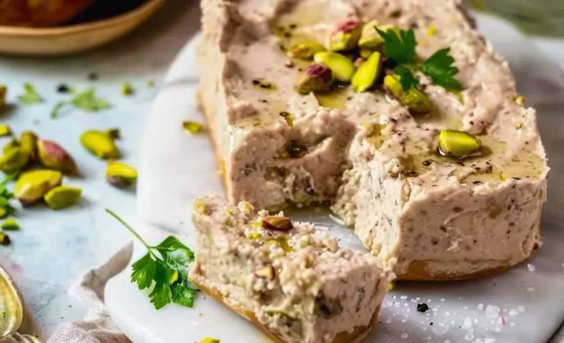 Terrine de foie de volaille aux pistaches servie avec une garniture élégante