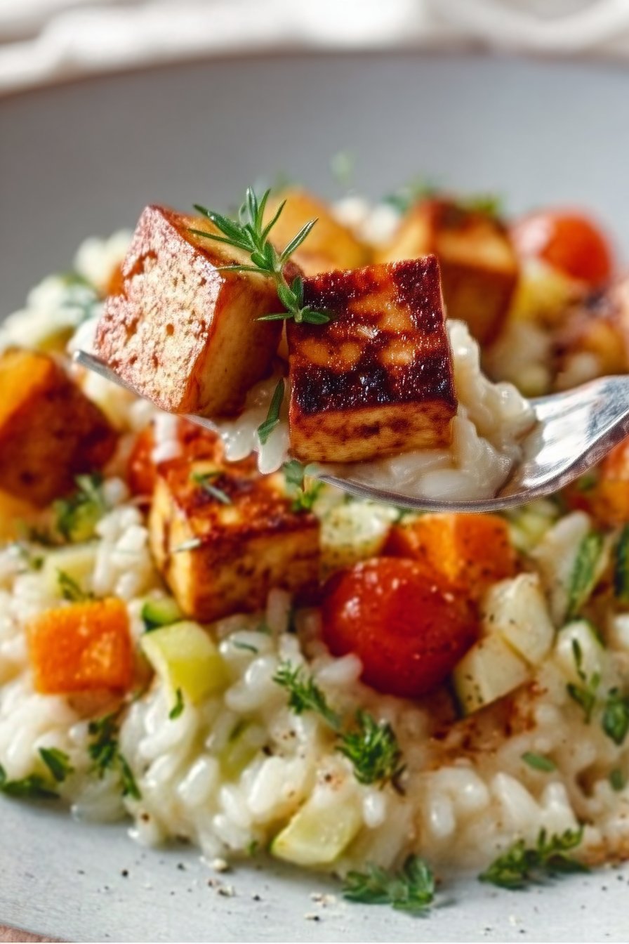 Risotto with vegetables and grilled smoked tofu