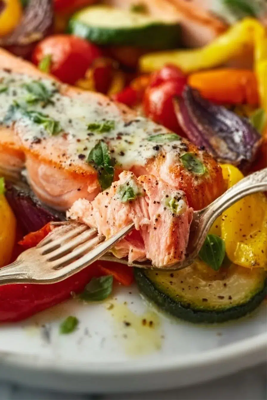 Baked trout with roasted basil vegetables
