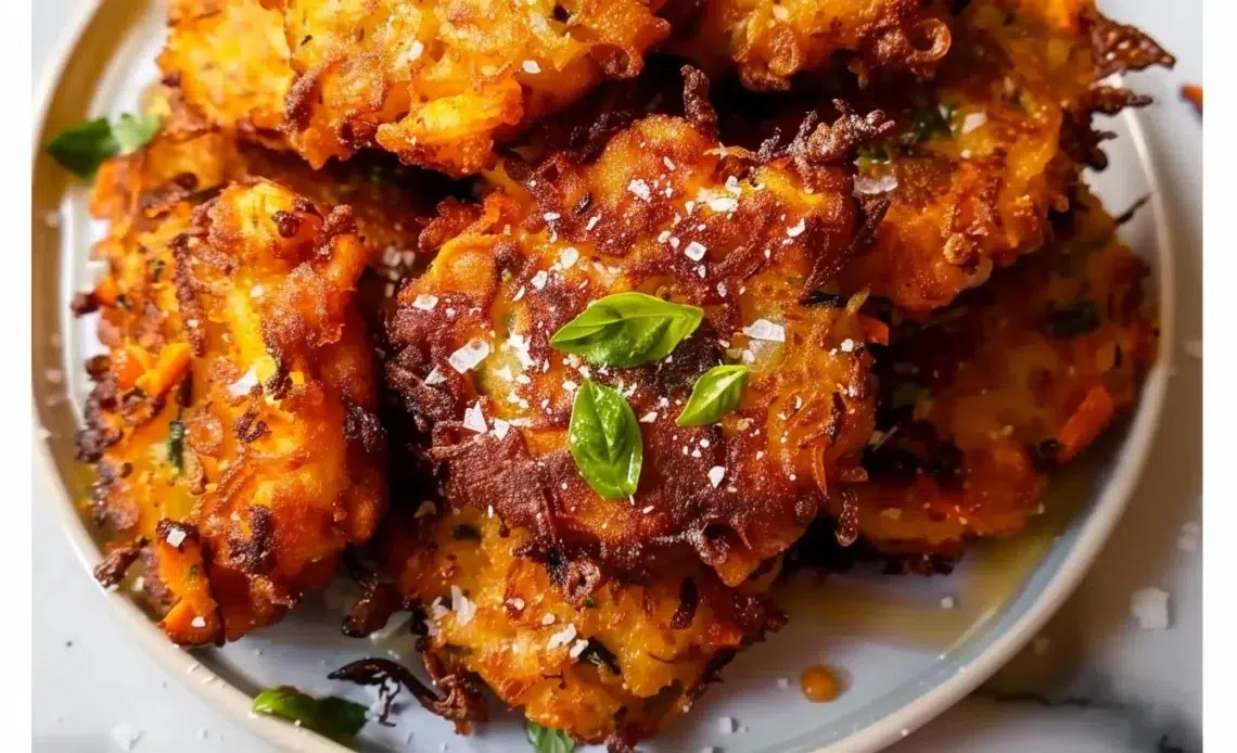 Beignets de légumes râpés croustillants sur une assiette garnie.