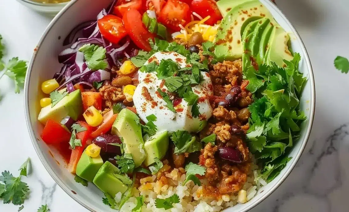 Bol de burrito rempli de délicieux ingrédients frais et savoureux