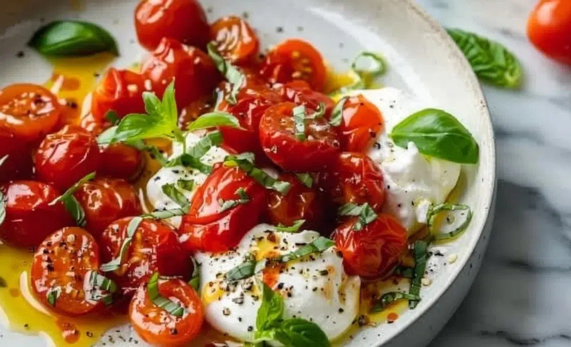 Burrata crémeuse avec tomates cerises confites : une explosion de saveurs 1 Burrata avec des tomates cerises confites sur une assiette élégante
