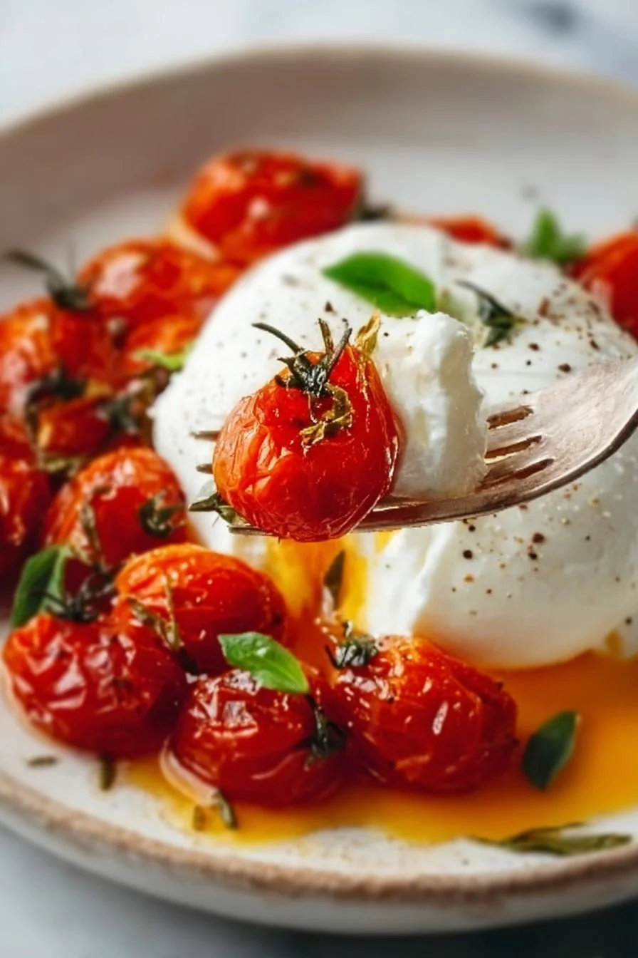 Burrata crémeuse avec tomates cerises confites : une explosion de saveurs 2 Burrata with candied cherry tomatoes