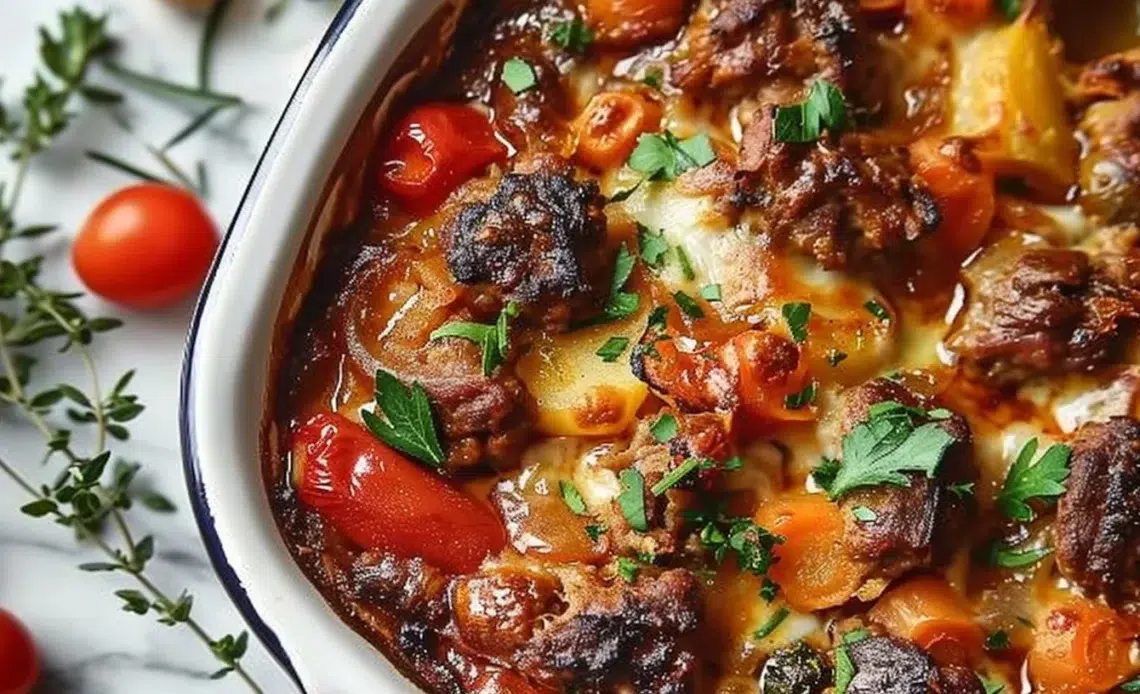 Casserole de viande et légumes prête à être servie sur la table