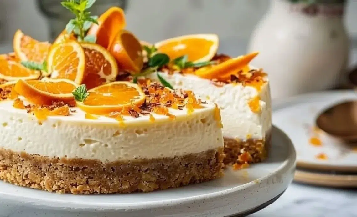 Cheesecake à la Fleur d'Oranger 1 Cheesecake à la fleur d'oranger savoureux et élégant sur une assiette.